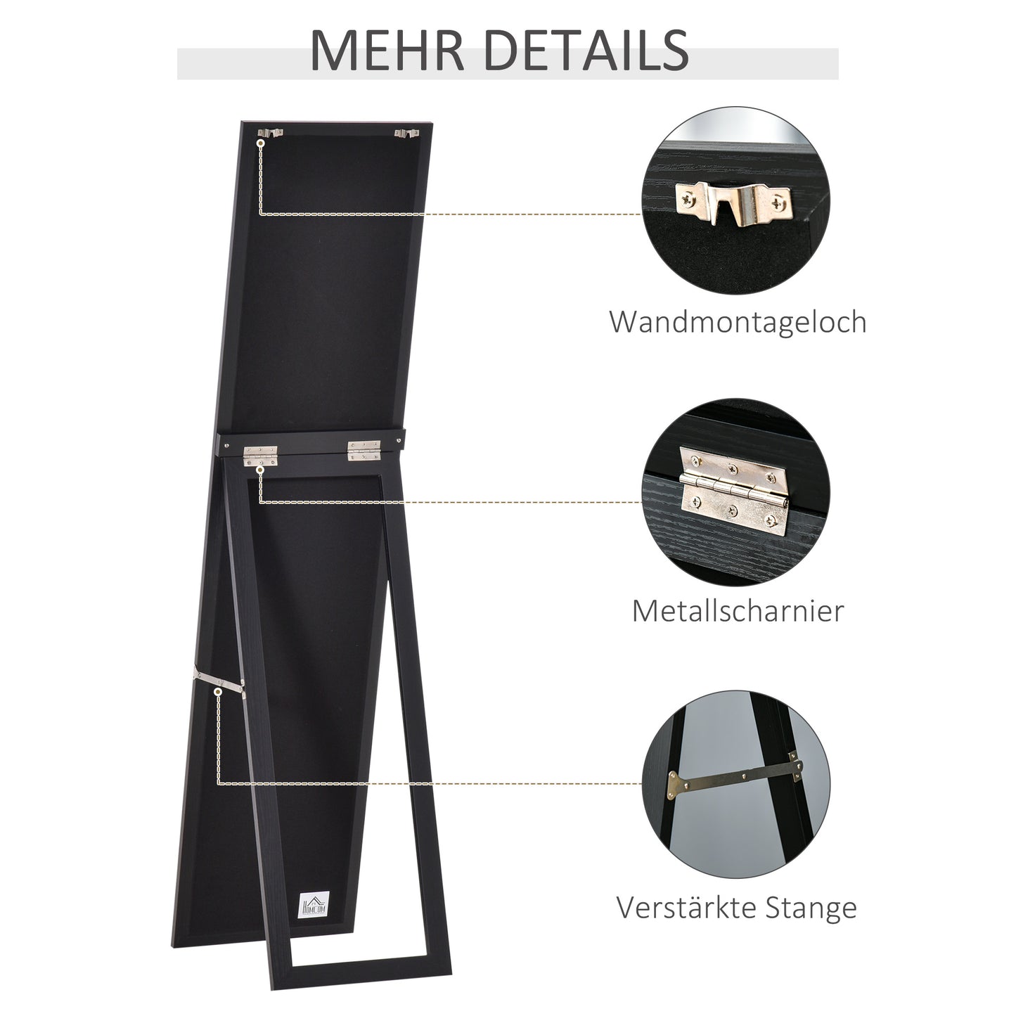 HOMCOM Ganzkörperspiegel, freistehend, Wandmontage, MDF-Rahmen, 37 x 37 x 154 cm, Schwarz