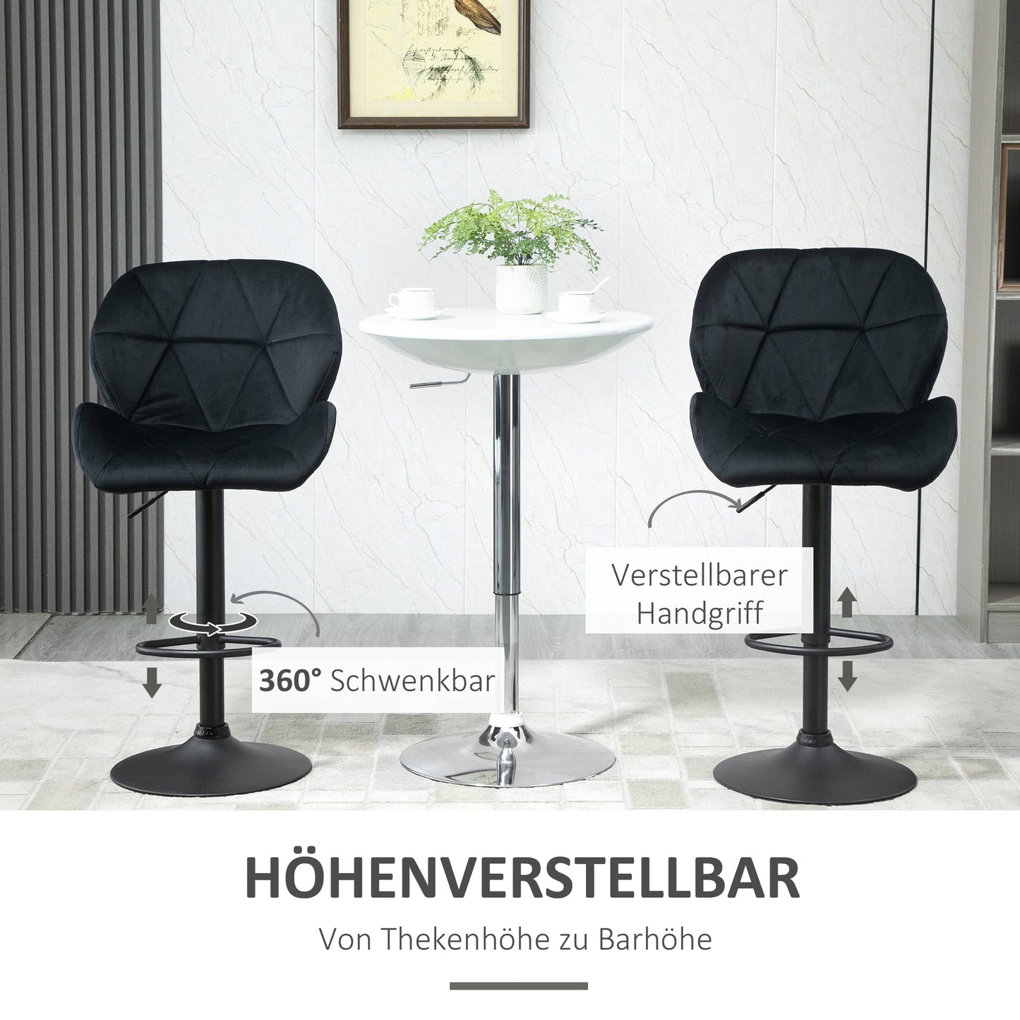 HOMCOM 2er-Set Barhocker drehbare Barstühle mit Lehne höhenverstellbarer Bistrohocker Tresenhocker Samt Touch armloser Schaumstoff Schwarz 51,5x 57,5 x 93-114,5 cm