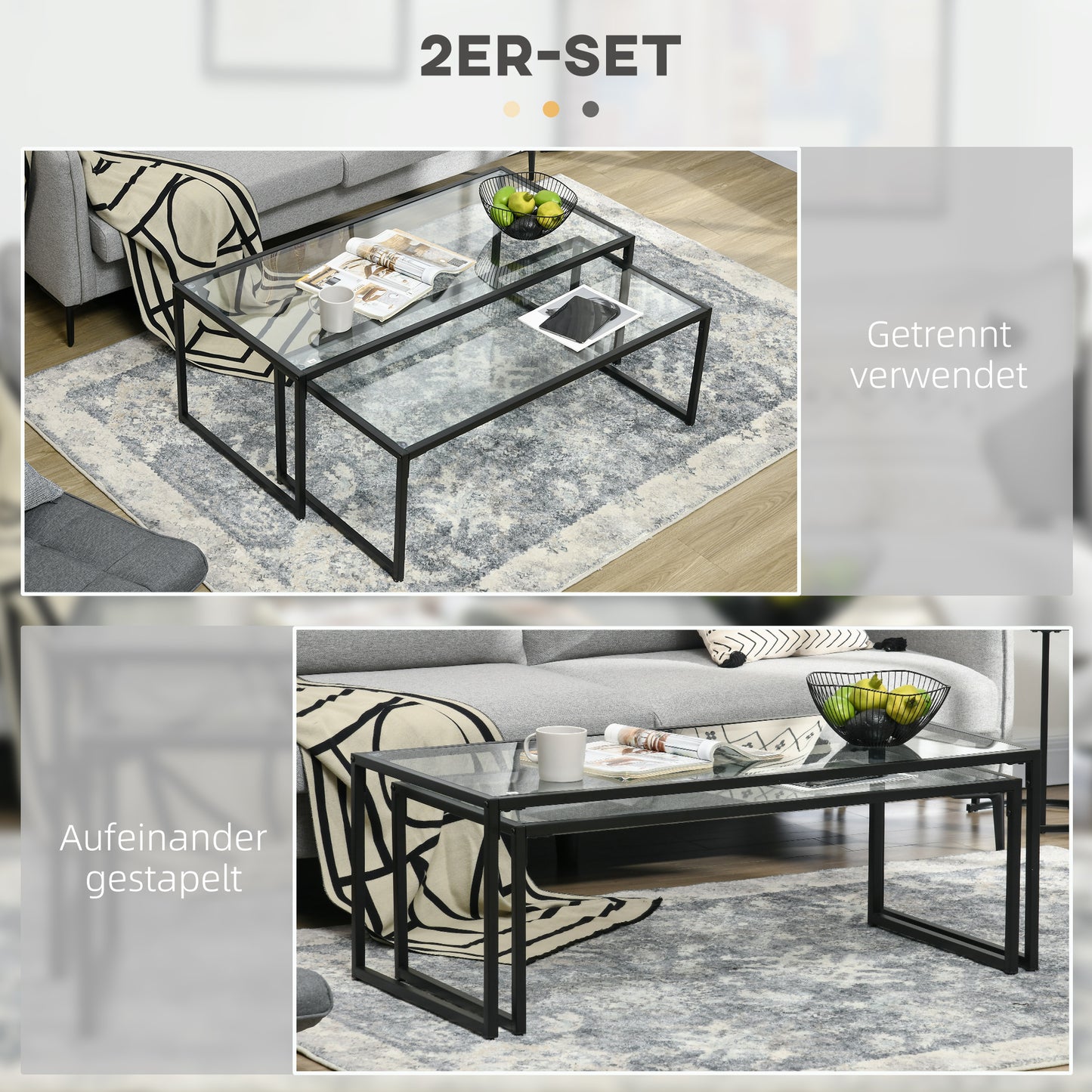 HOMCOM 2er-Set Couchtische, Glastische, mit pulverbeschichtetem Stahl, Schwarz + Transparent