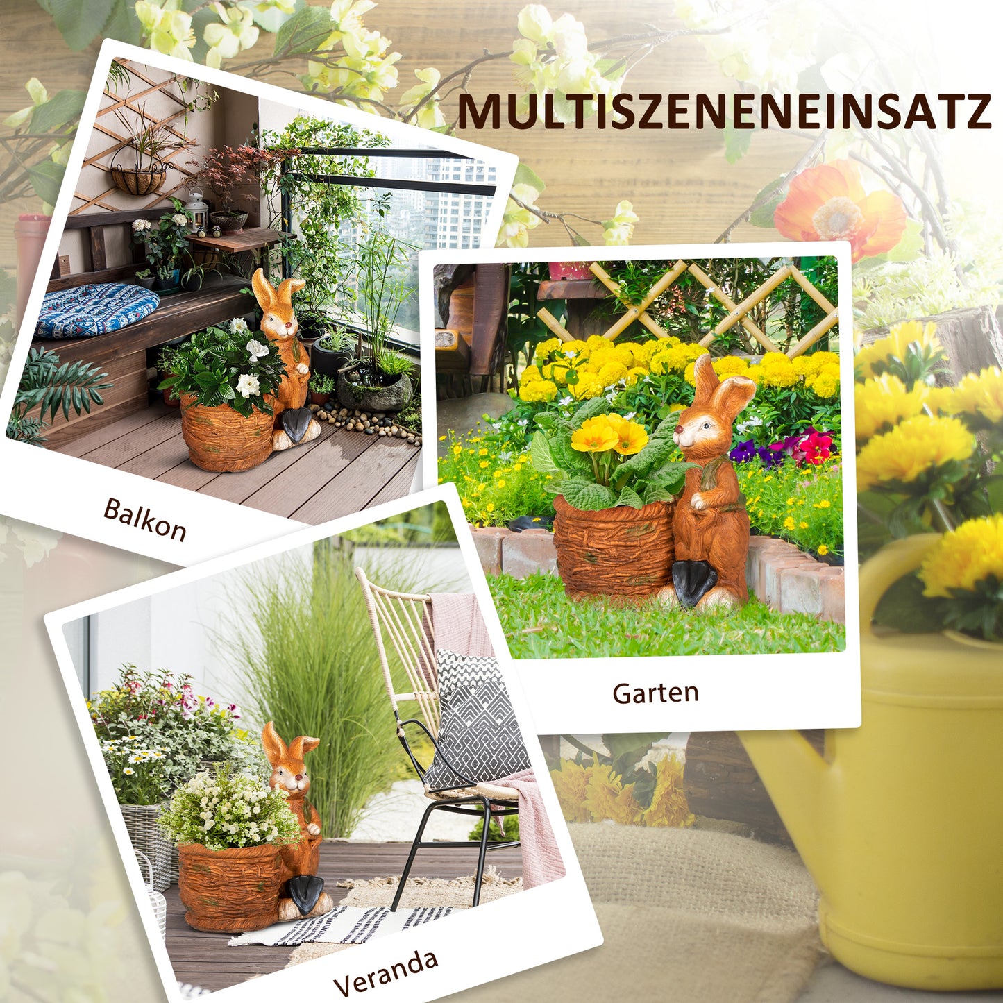 Outsunny Blumentopf, Hase mit Weidenkorb, wetterfest, 45x27x50cm, Braun