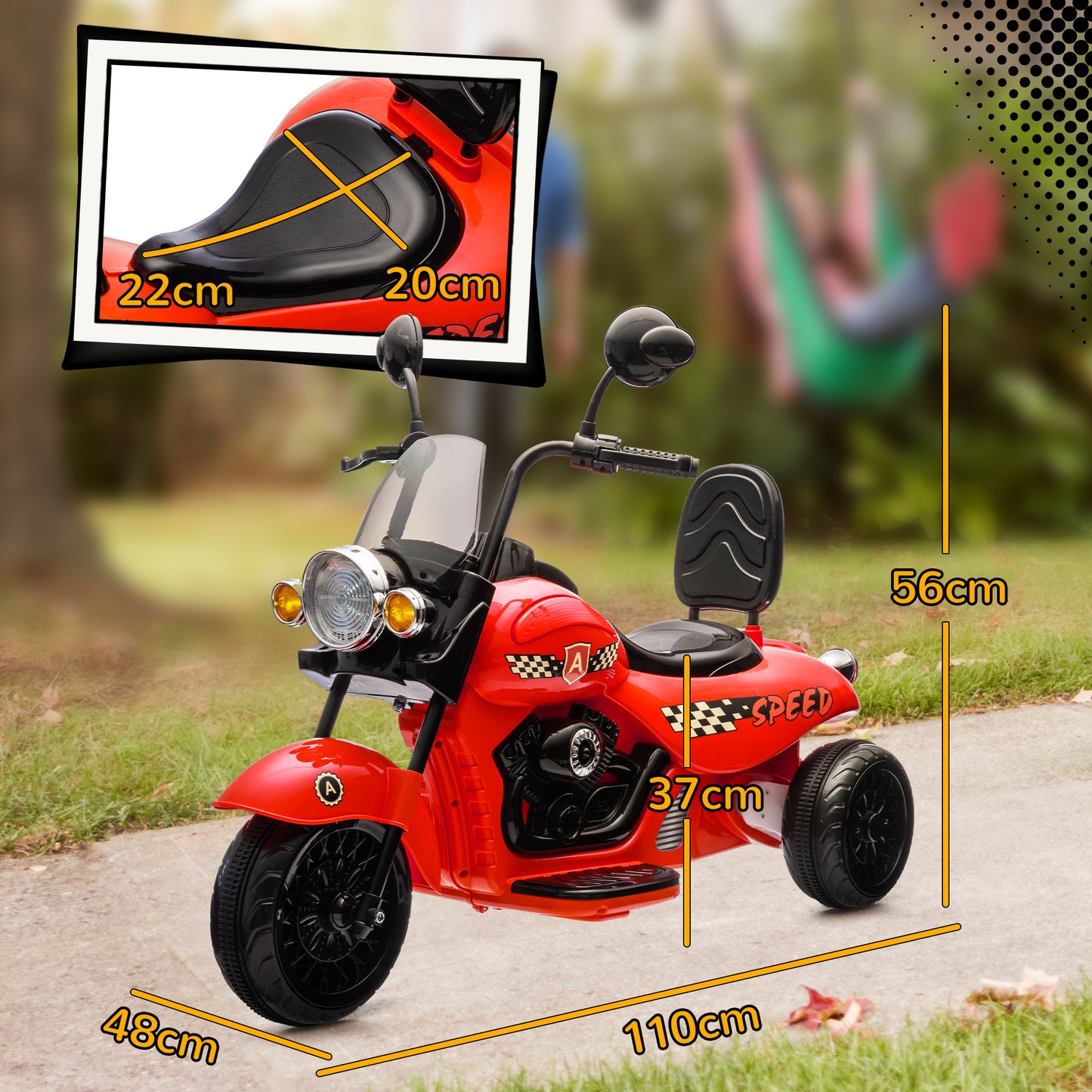AIYAPLAY Elektro-Kinder-Motorrad, 3 Räder, 6V Batterie-Betrieb, Scheinwerfer, Musik, für Kinder im Alter von 3-6 Jahren, Rot