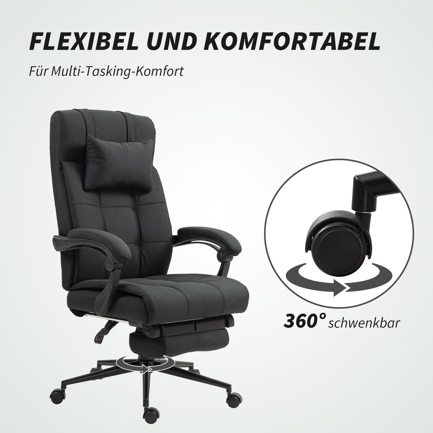 Vinsetto Bürostuhl mit Fußstütze, Schreibtischstuhl, Drehstuhl mit Kopfstütze, Schwarz