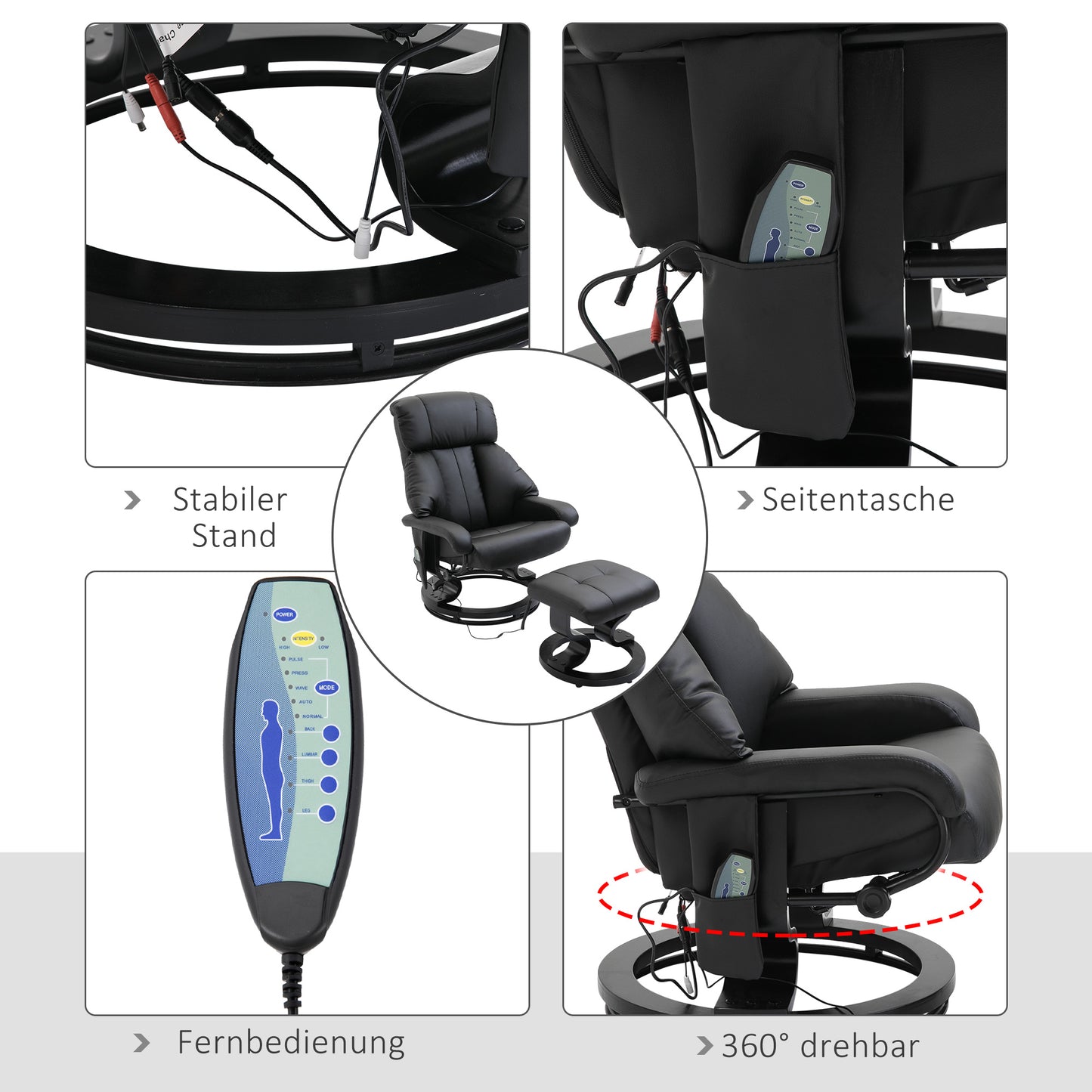 HOMCOM Massagesessel mit Fußhocker, 10 Vibrationspunkte, 145° verstellbare Rückenlehne, Schwarz