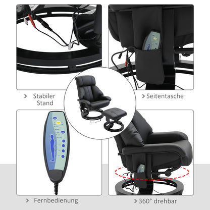 HOMCOM Massagesessel mit Fußhocker, 10 Vibrationspunkte, 145° verstellbare Rückenlehne, Schwarz