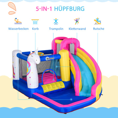 Outsunny Hüpfburg im Märchendesign inkl. Gebläse, Rutsche, Wasserbecken u. Basketballkorb 360 x 305 x 210 cm