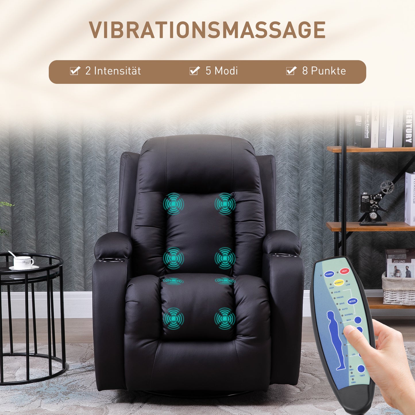 HOMCOM Massagesessel, Relaxsessel, Wippfunktion, 8 Vibrationspunkte, inkl. Fernbedienung, Braun