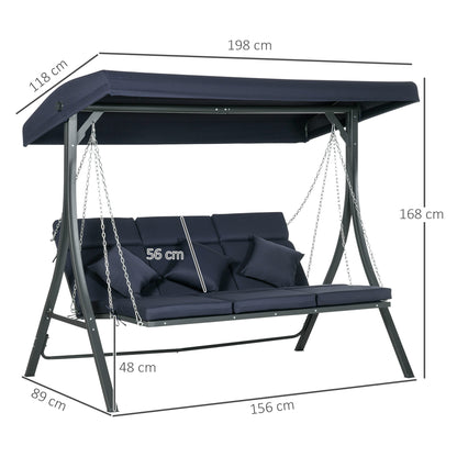 Outsunny Hollywoodschaukel Gartenschaukel, 3 Personen, verstellbares Sonnendach, 198 x 118 x 168 cm, Dunkelgrau