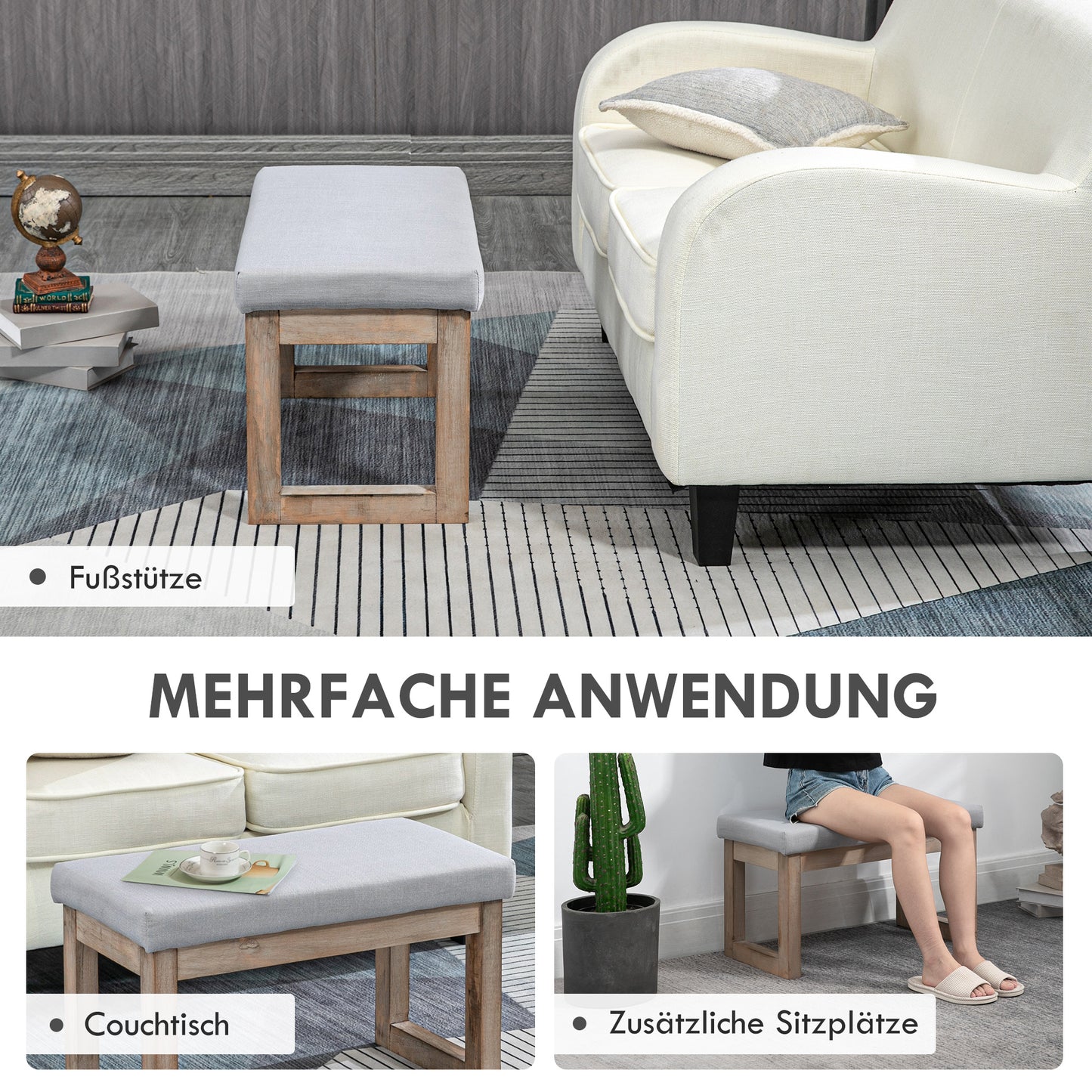 HOMCOM Fußbank im Skandi-Design، Sitzhocker، Fußhocker، 68 سم × 38 سم × 42 سم، Grau + Natur