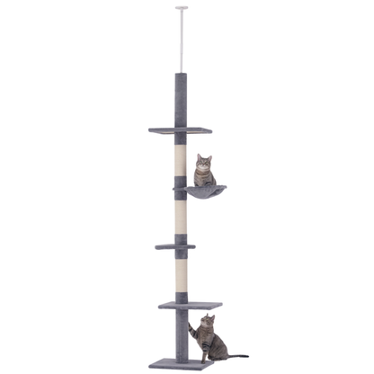 PawHut Kratzbaum Deckenhoch höhenverstellbar, stabiler Katzenbaum mit Sisalsäulen, Katzen Kletterbaum, Grau, 40 x 34 x 230-260 cm