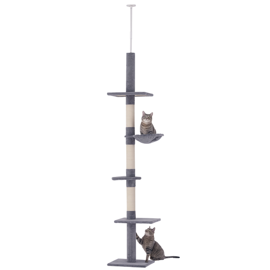 PawHut Kratzbaum Deckenhoch höhenverstellbar, stabiler Katzenbaum mit Sisalsäulen, Katzen Kletterbaum, Grau, 40 x 34 x 230-260 cm