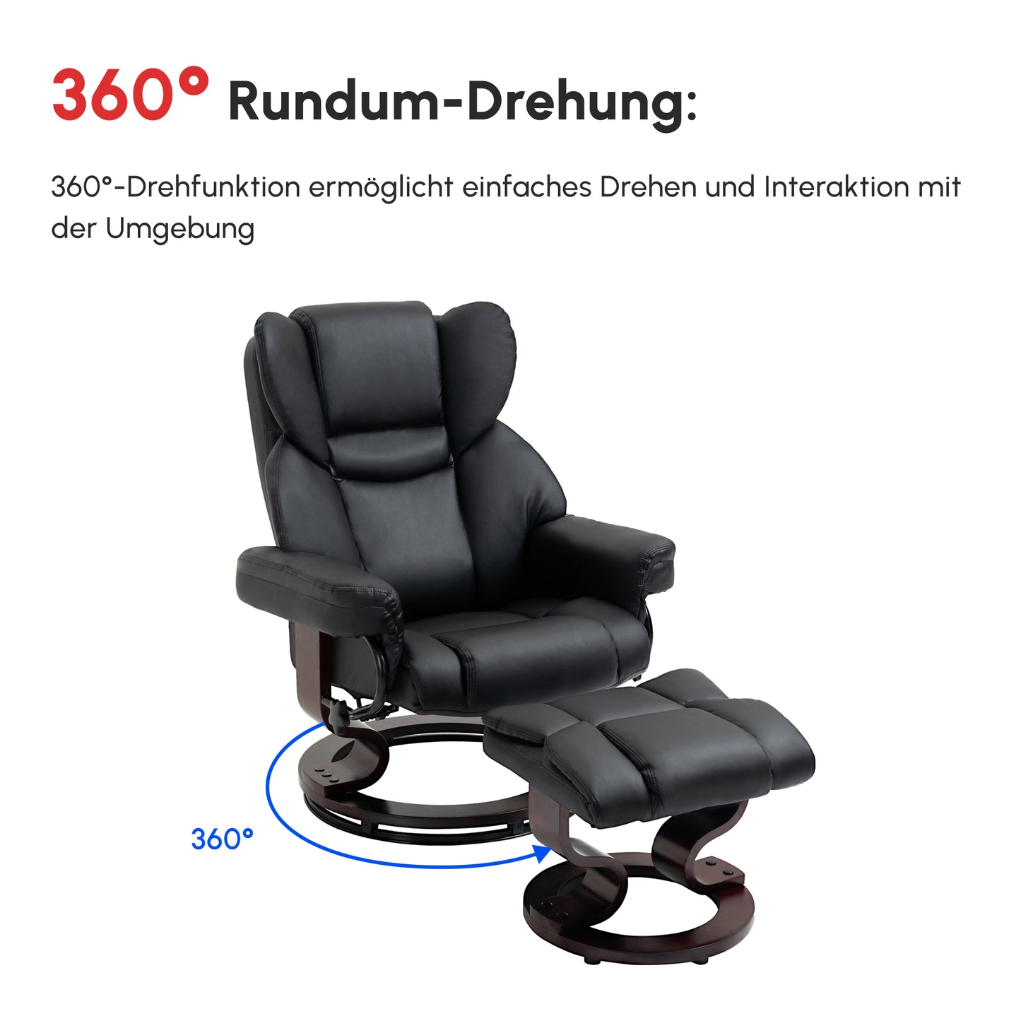 HOMCOM Relaxsessel mit Hocker, Liegefunktion, drehbar, bis 160 kg, Kunstleder, Metallrahmen, schwarz, 80 x 79 x 100 cm