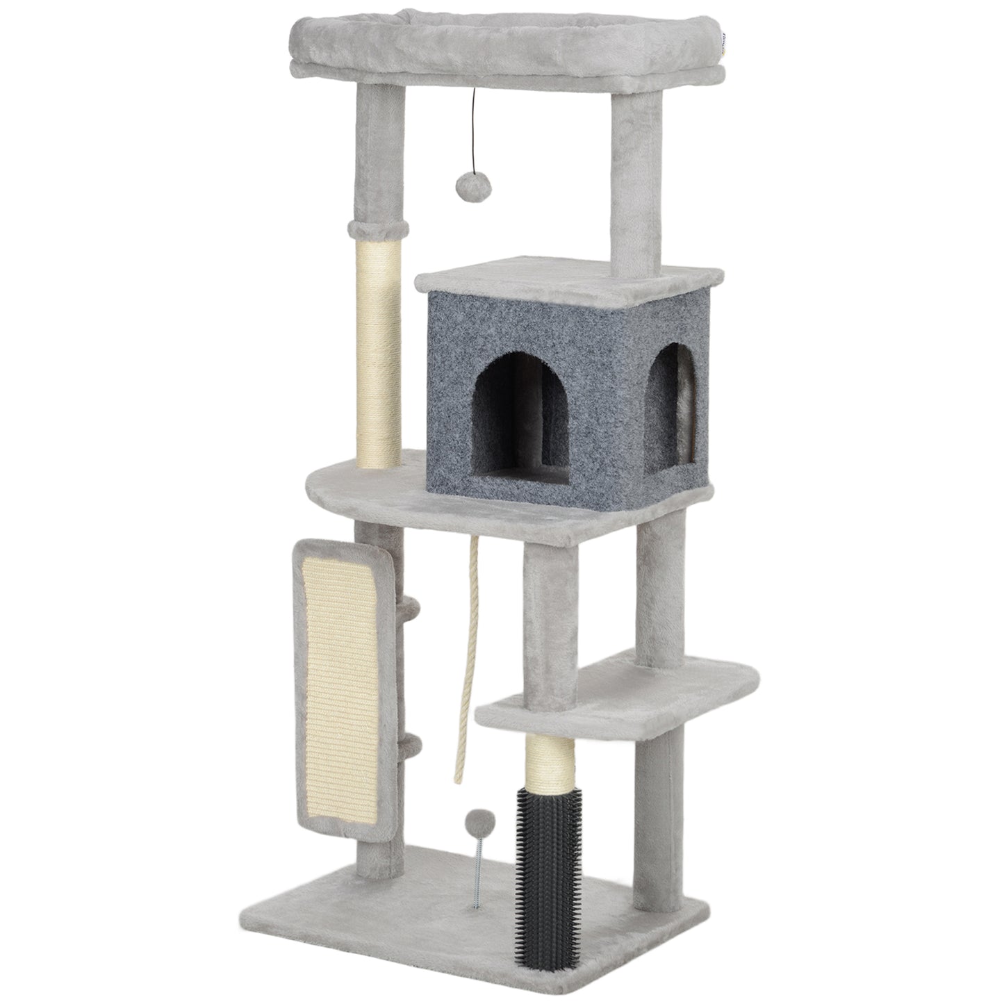 PawHut 132 cm Katzenbaum mit Kratzpfosten, Bett, Haus, Sprungplattformen, Pflegebürste, Hellgrau