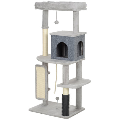 PawHut 132 cm Katzenbaum mit Kratzpfosten, Bett, Haus, Sprungplattformen, Pflegebürste, Hellgrau