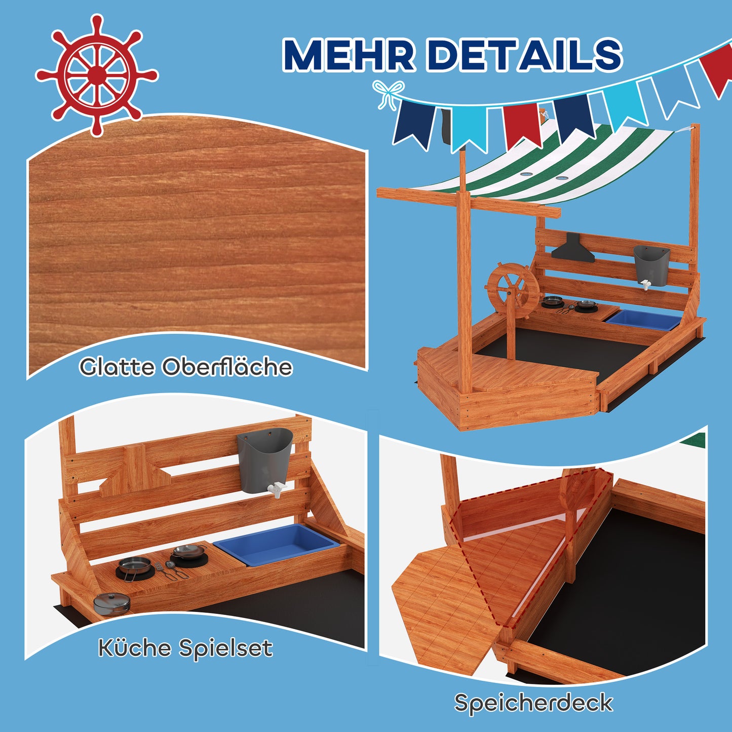 Outsunny Sandkasten mit Sonnendach Piratenschiff, inkl. Kinderküchenspielset, Massivholz, 180 x 103 x 144,5 cm, Grün