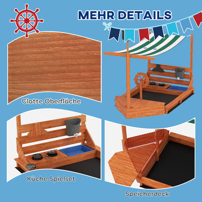 Outsunny Sandkasten mit Sonnendach Piratenschiff, inkl. Kinderküchenspielset, Massivholz, 180 x 103 x 144,5 cm, Grün