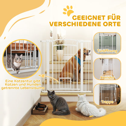 PawHut 106 cm hohes Haustiergitter mit anpassbarer Breite, integrierte Katzentür, für Treppen und Türrahmen, Weiß