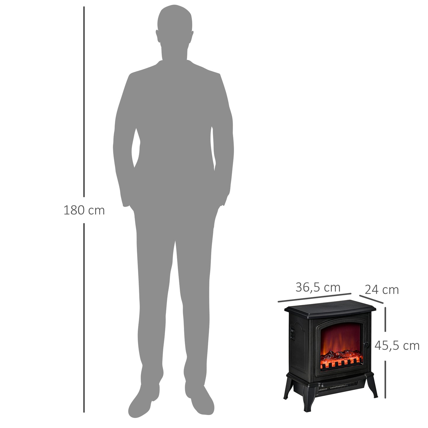 HOMCOM Elektrokamin freistehend, Flammeneffekt, 2 Heizmodi 1000W/2000W, gehärtetes Glas, Schwarz, 36,5x24x45,5 cm