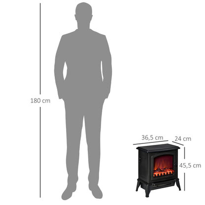 HOMCOM Elektrokamin freistehend, Flammeneffekt, 2 Heizmodi 1000W/2000W, gehärtetes Glas, Schwarz, 36,5x24x45,5 cm