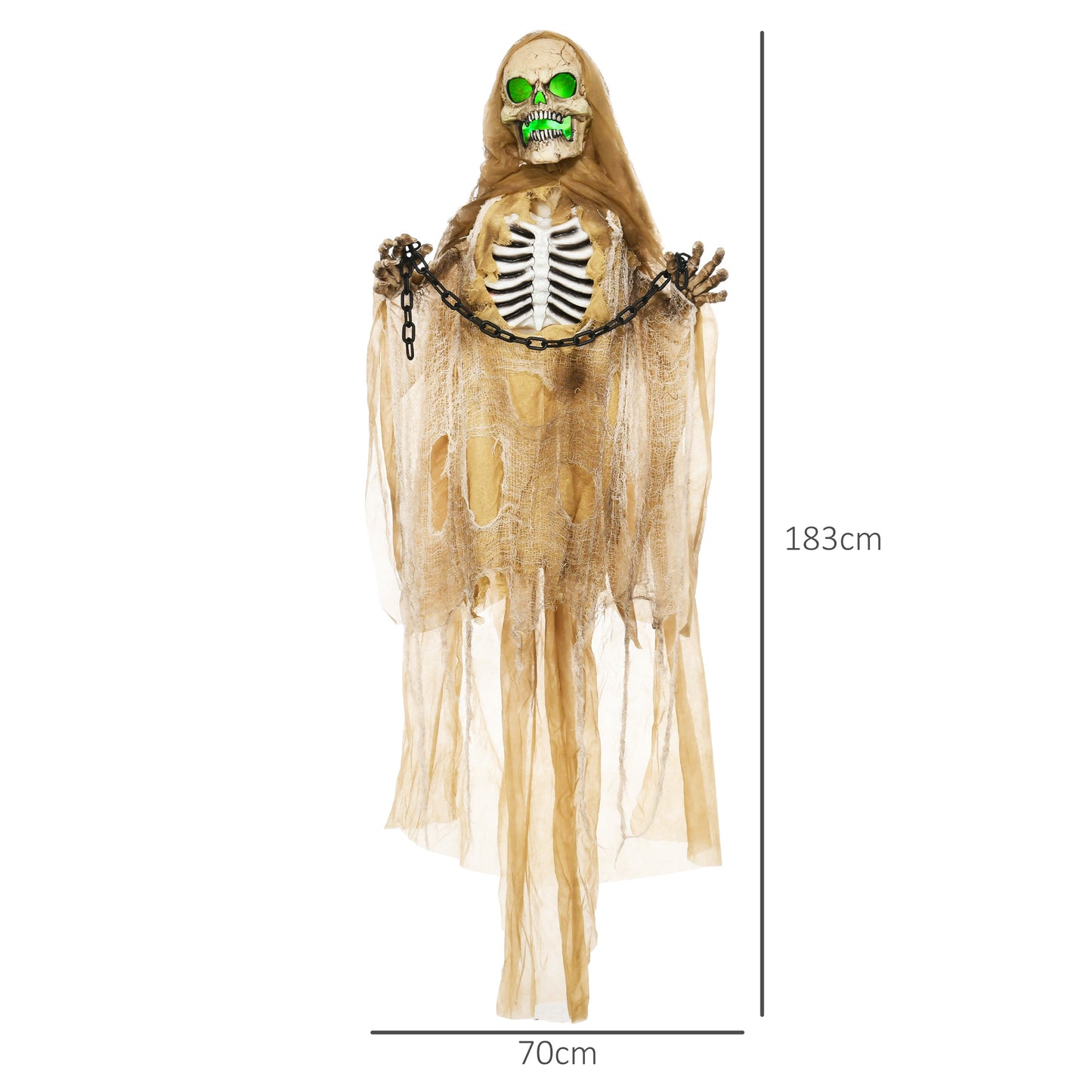 HOMCOM Halloweendekoration, Hängendes Skelett, leuchtender Kopf, unheimliches Heulen, biegsame Arme, Khaki