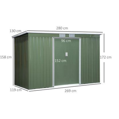 Outsunny Metall Gerätehaus 6,3m³ 280x130x172cm Geräteschuppen mit Pultdach Schiebetür wetterfest Gartenhaus Outdoor Garten Schuppen Schrank für Hinterhof Außenbereich Anthrazit, Hellgrün