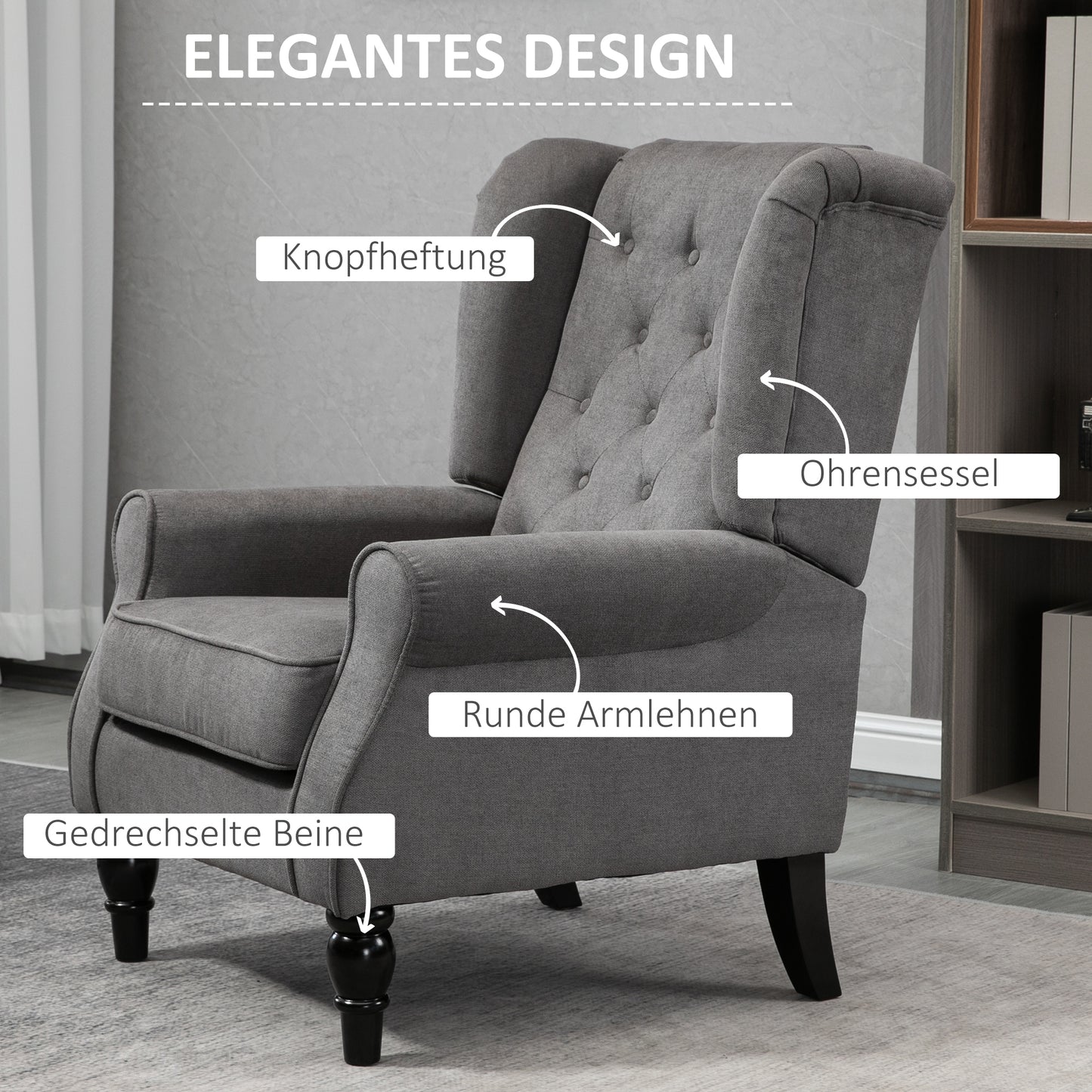 HOMCOM Ohrensessel im Vintage-Design, Lesesessel, Akzentsessel, Holzbeine, Knopfheftung, Grau + Schwarz