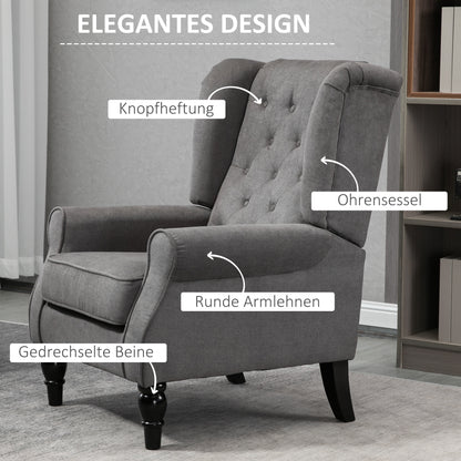 HOMCOM Ohrensessel im Vintage-Design, Lesesessel, Akzentsessel, Holzbeine, Knopfheftung, Grau + Schwarz
