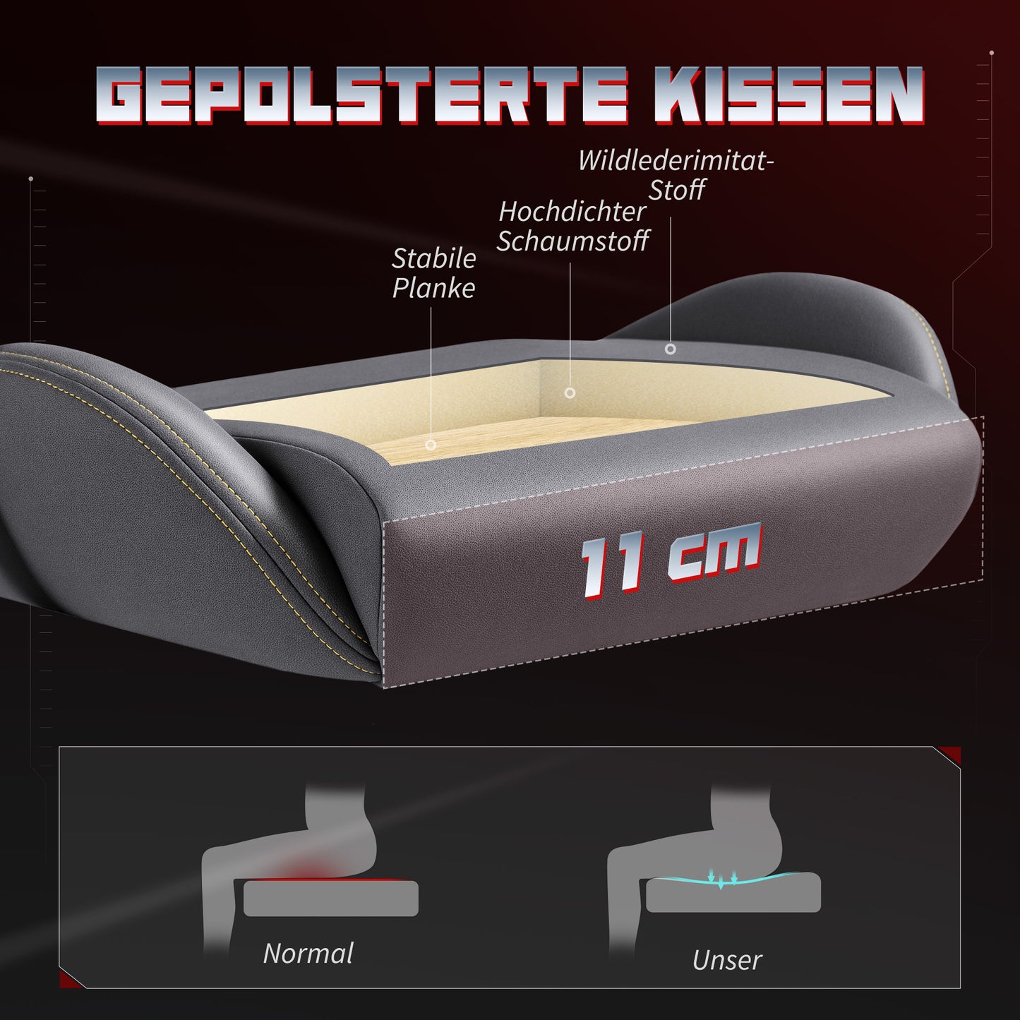 HOMCOM Ergonomischer Gaming-Stuhl med 3D-Armlehnen, verstellbar, rollbarer Schreibtischstuhl mit Lendenstütze, Grau