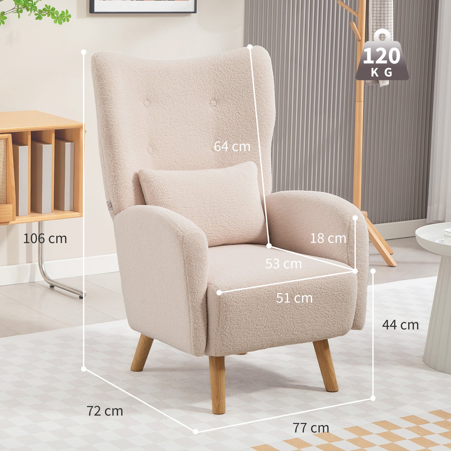 HOMCOM Akzentstuhl, Polstersessel mit Plüschbezug, Schaumstoffkissen, Ohrensessel, Beige