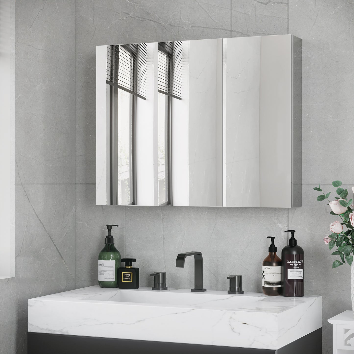 kleankin Spiegelschrank, Badschrank, 3 Spiegeltüren, 5 Innenböden, Edelstahl, Farbe: Silber, 70 x 12 x 55 cm