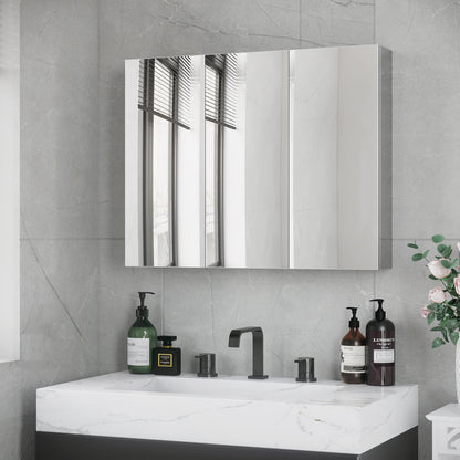 kleankin Spiegelschrank, Badschrank, 3 Spiegeltüren, 5 Innenböden, Edelstahl, Farbe: Silber, 70 x 12 x 55 cm