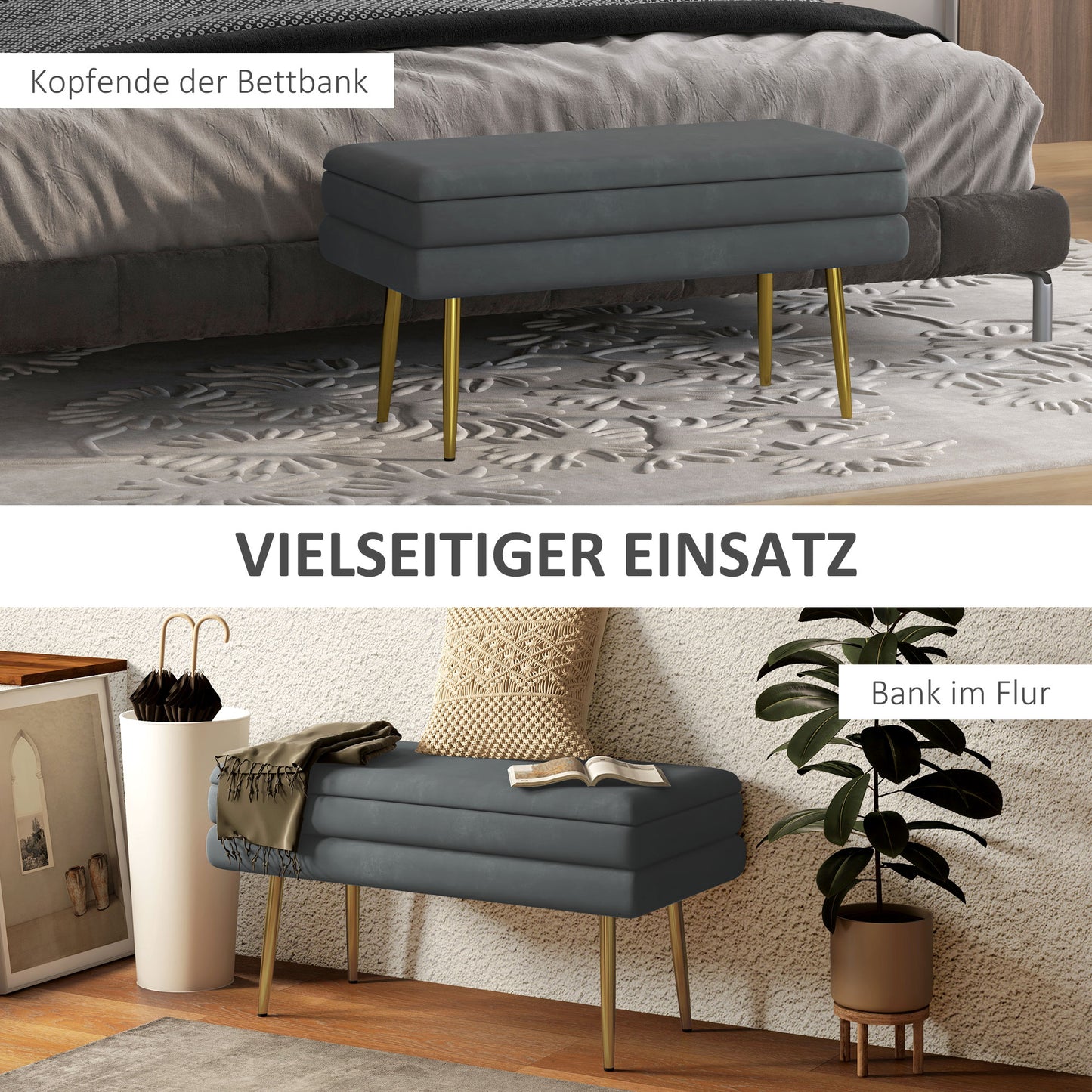 HOMCOM Sitzbank Polsterbank, mit Stauraum, Stahl, 79,5 cm x 37,5 cm x 43 cm, Dunkelgrau