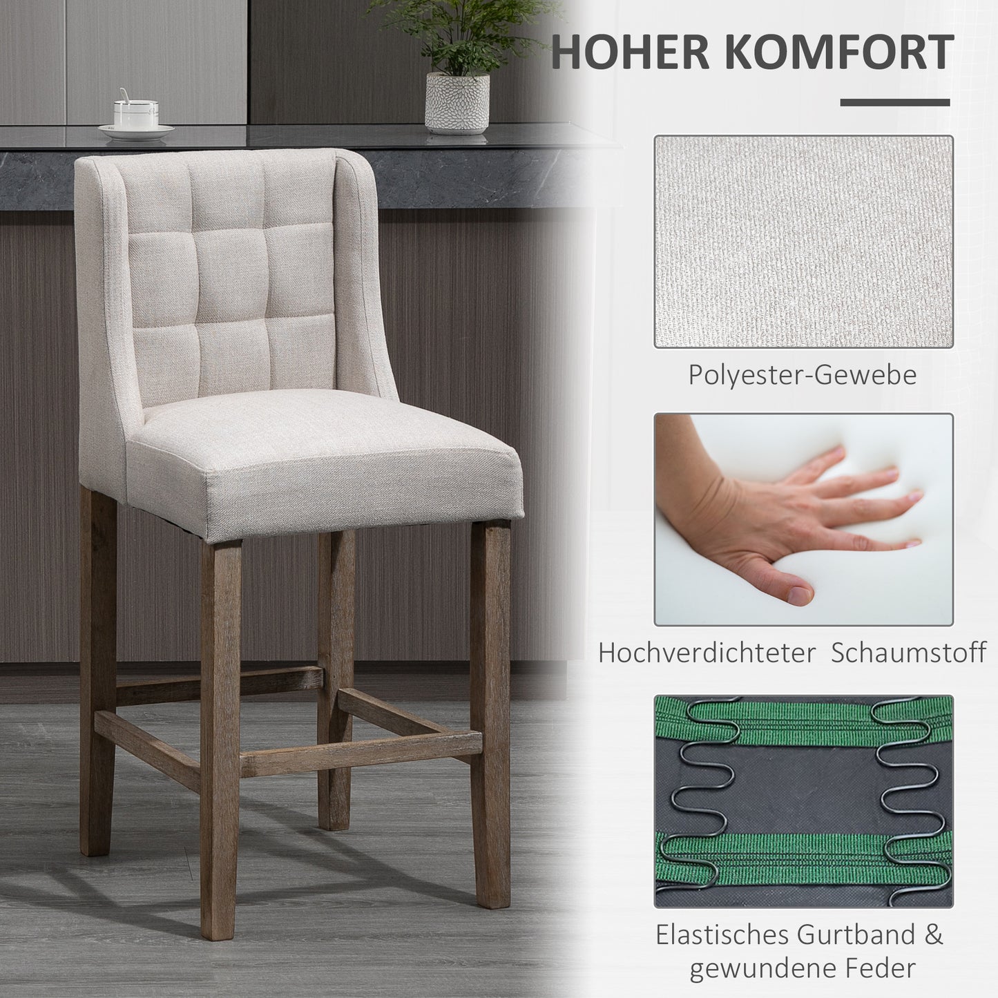 HOMCOM 2er-Set Barhocker mit lehne Barstühle mit Knopfheftung, Massivholz, inkl. Fußstütze, 47 cm x 50 cm x 101 cm, Grau + Natur