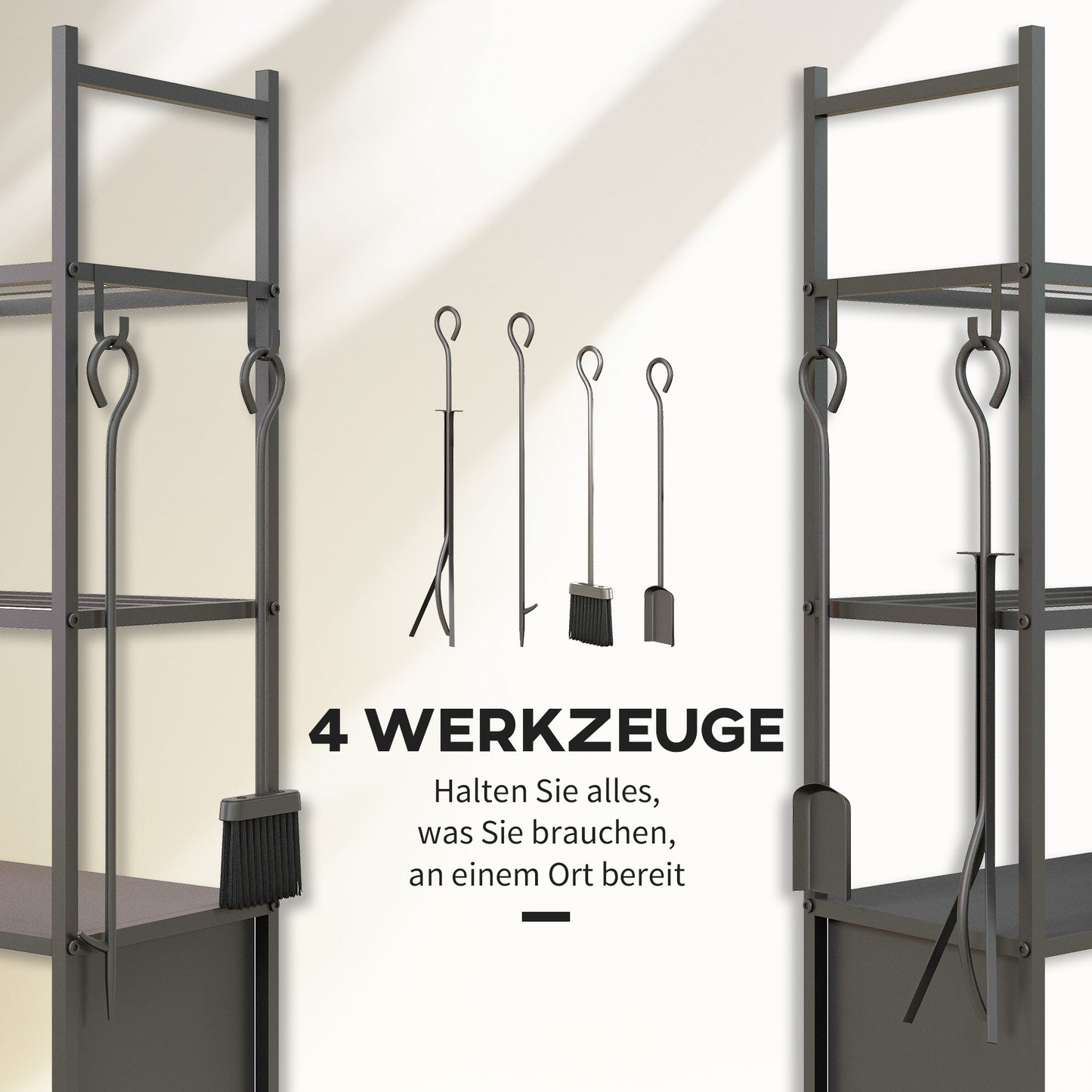 Outsunny 4-Ebenen-Feuerholzregal mit Rädern und 4 Werkzeugen، Brennholzregal aus Metall für den Innen- und Außenbereich، شوارتز