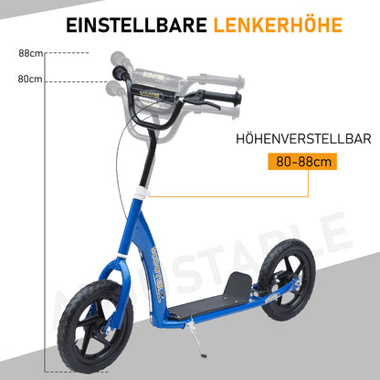 HOMCOM Kinderroller mit Hinterbremse Kickscooter 12 Zoll Tretroller Roller Scooter Cityroller für Kinder Kickboard Höhenverstellbar Stahl EVA Blau 120 x 52 x 80-88 cm