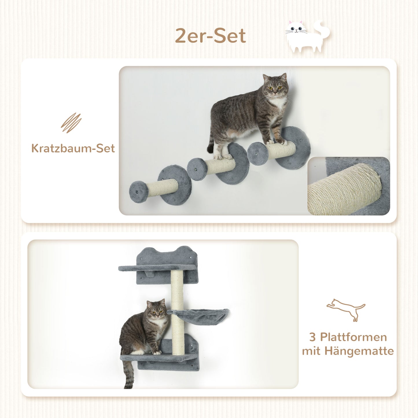 PawHut Kletterstufen, Kletterwand, Katzentreppe, 4-tlg. Set, mit Kratzbaum, Hängematte, grau+cremeweiß, 40 x 28 x 73cm