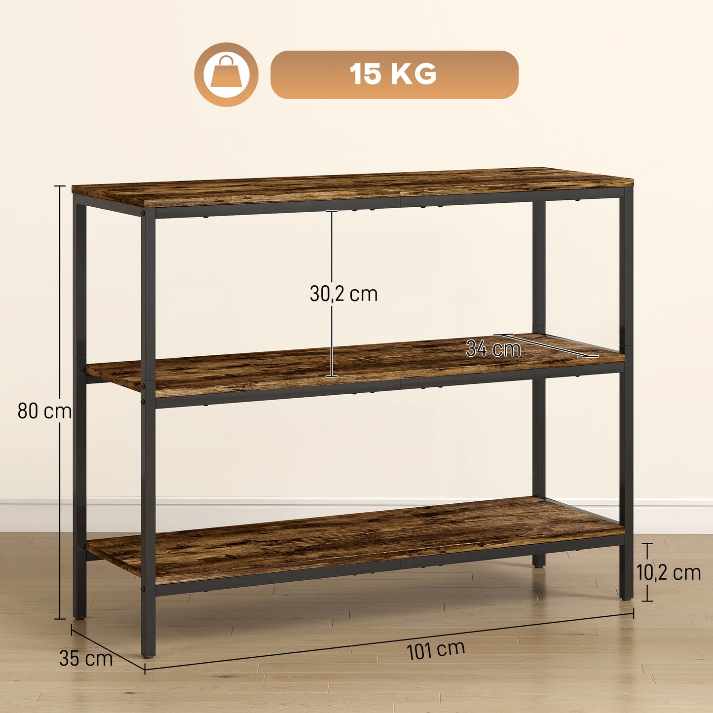 HOMCOM Konsolentisch, Beistelltisch mit 3-stufigem Regal, Spanplatte, Metall, Hellbraun