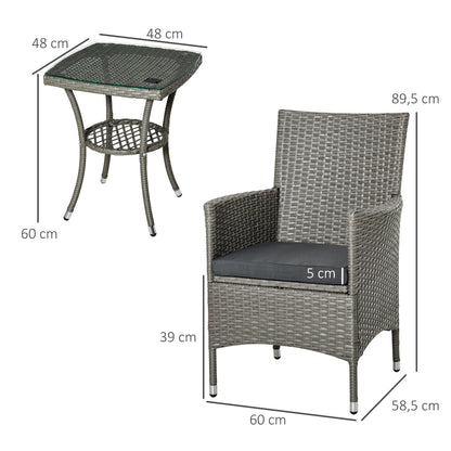 Outsunny Polyrattan Gartenmöbel Set, Outdoor Lounge Balkonmöbel für 2 Personen, 3-teilig Sitzgruppe, 2 Stühle, Tisch Sitzkissen, Gartenlounge für Garten, Terrasse, Balkon, Grau