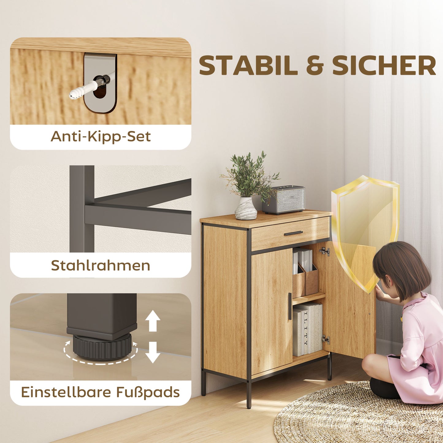 HOMCOM Badezimmerschrank, zweistufige Regale, große Schublade, Industriestil, Eichenoptik
