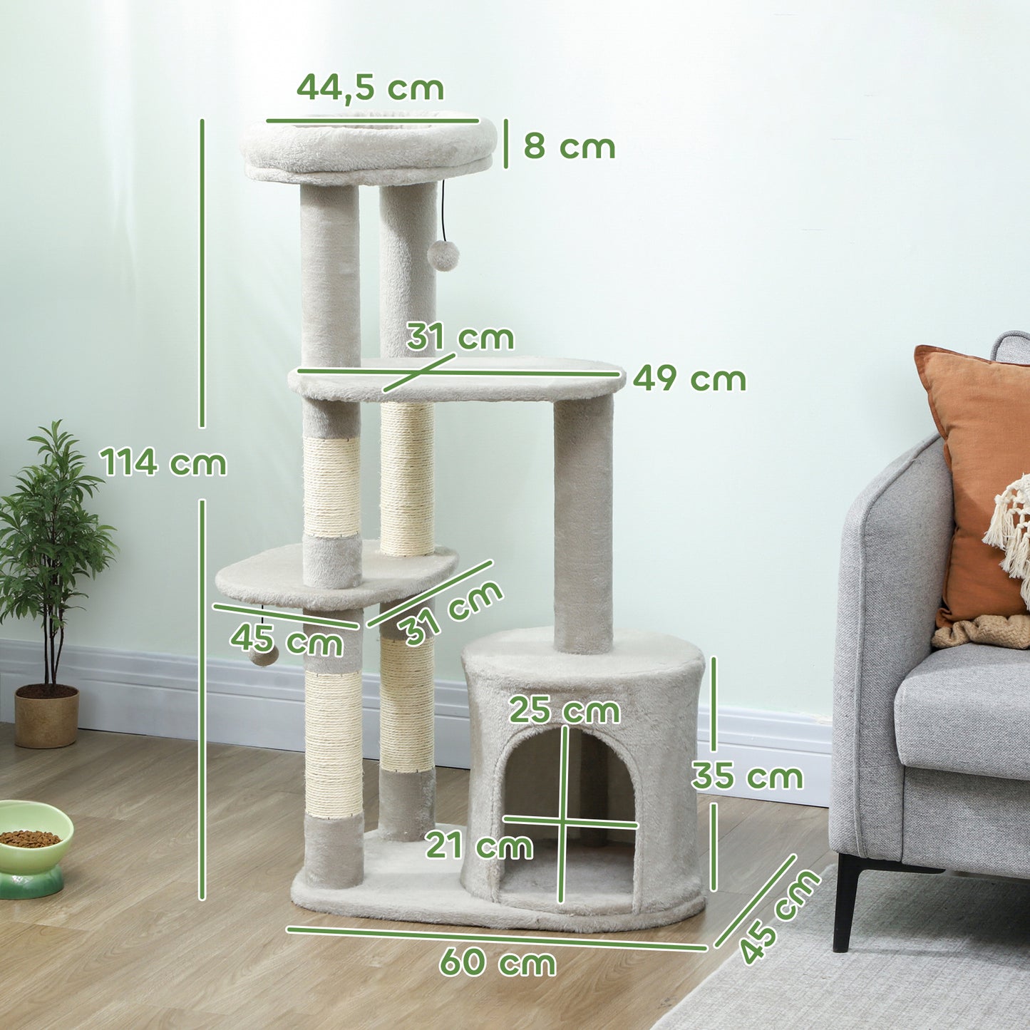 PawHut Kratzbaum 114 cm Katzenturm mit Höhle, Sisalstämme, Plattform, mehrstöckig ür mittelgroße Katzen unter 6 kg, Hellgrau