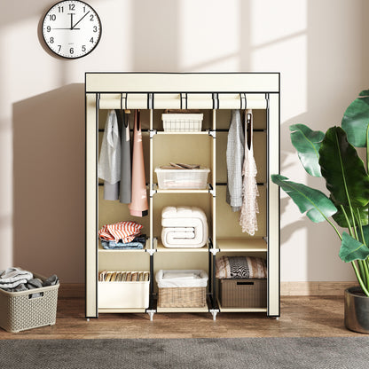 HOMCOM Schrank aus Stoff, Aufbewahrungslösung, 8 Regale, 2 Kleiderstangen, Cremeweiß