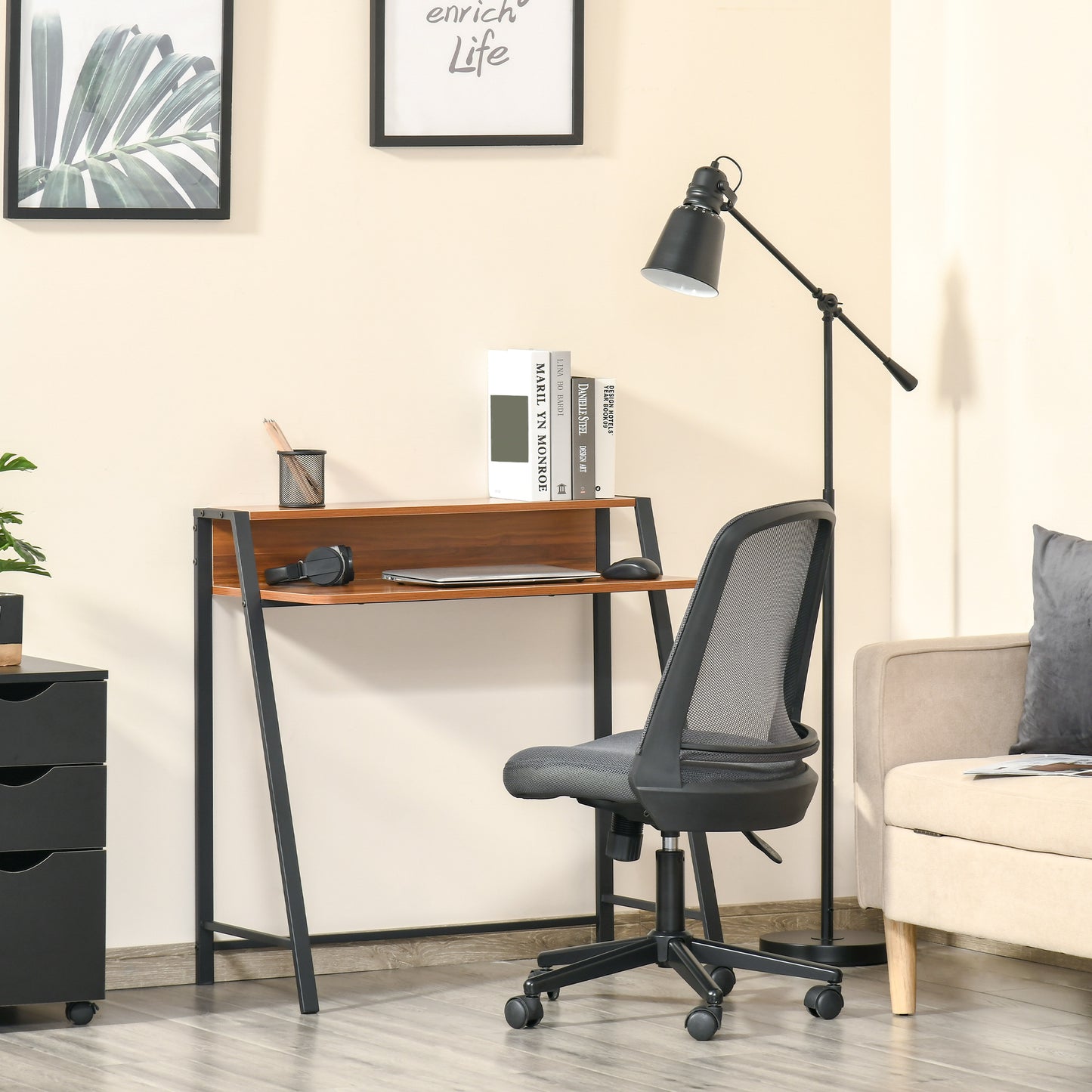 HOMCOM Schreibtisch, Computertisch mit Ablage und Kabel Management, moderner Schreibtisch mit Metallgestell für Arbeitszimmer, Schlafzimmer, Home Office, 84 x 45 x 85 cm, Walnuss+Schwarz