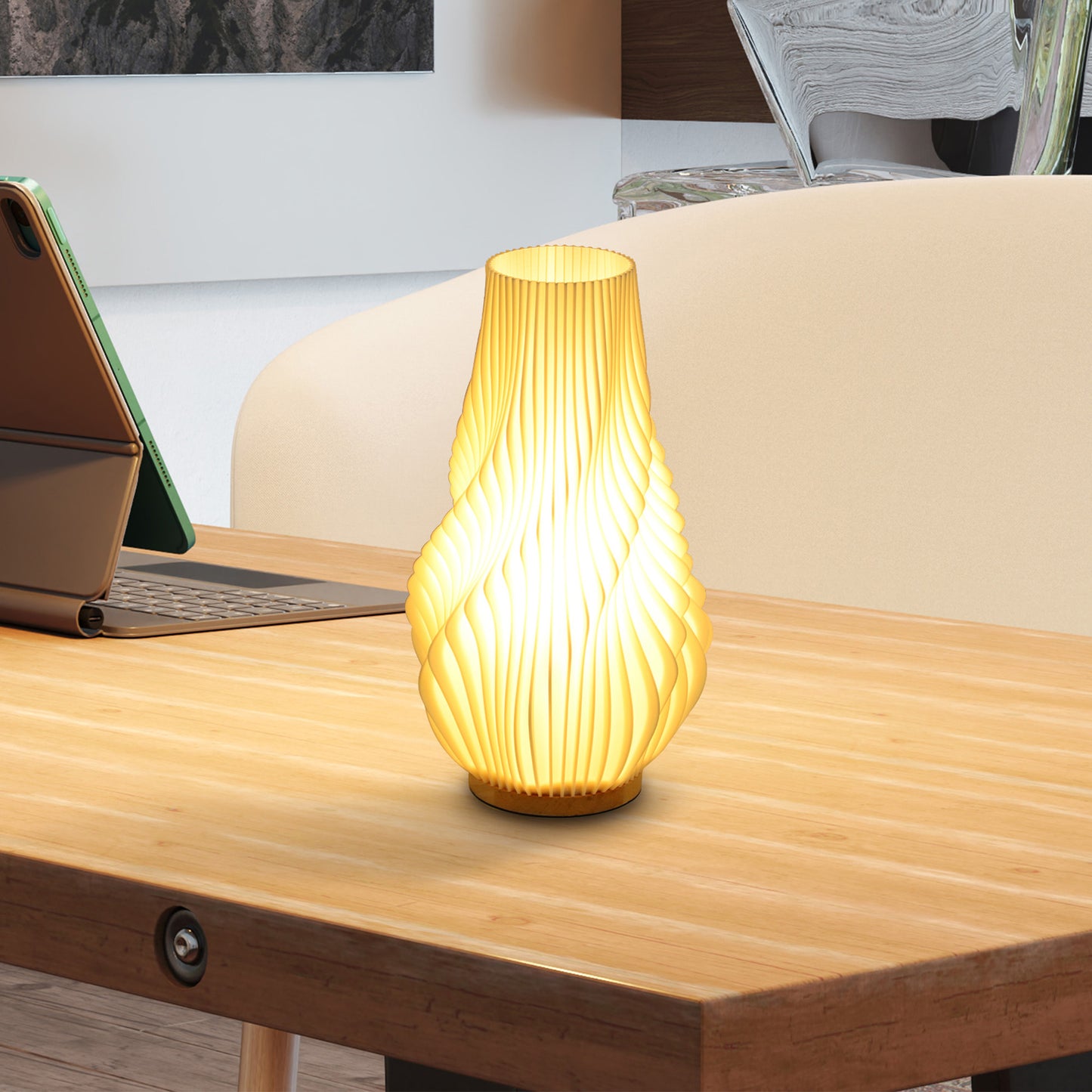 HOMCOM Smart Tischlampe mit App-Steuerung, Alexa-kompatibel, Kunststoff, Holz, Weiß