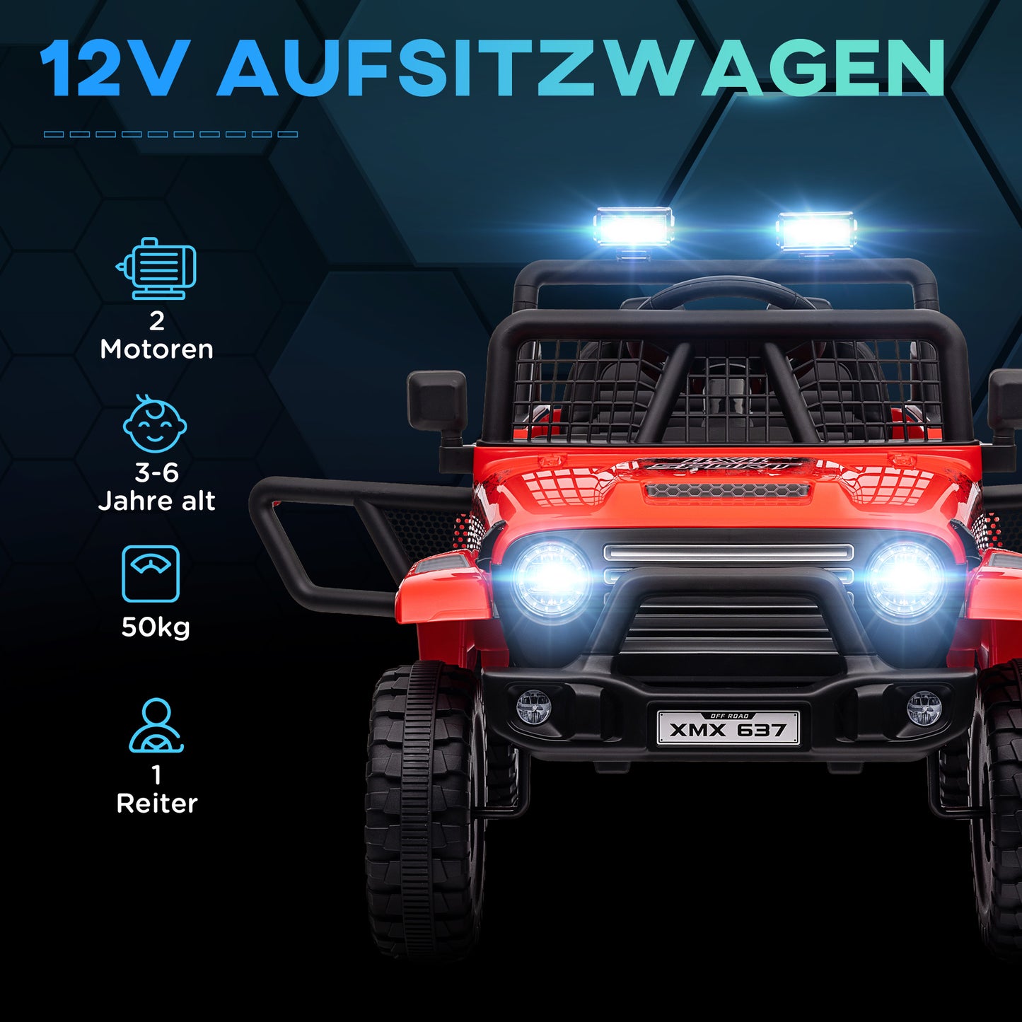 AIYAPLAY Kinder-Elektroauto mit sanfter Federung, fernsteuerbar, LED-Lichter, Hupe, 12V-Motoren, aus Kunststoff und Metall, Rot