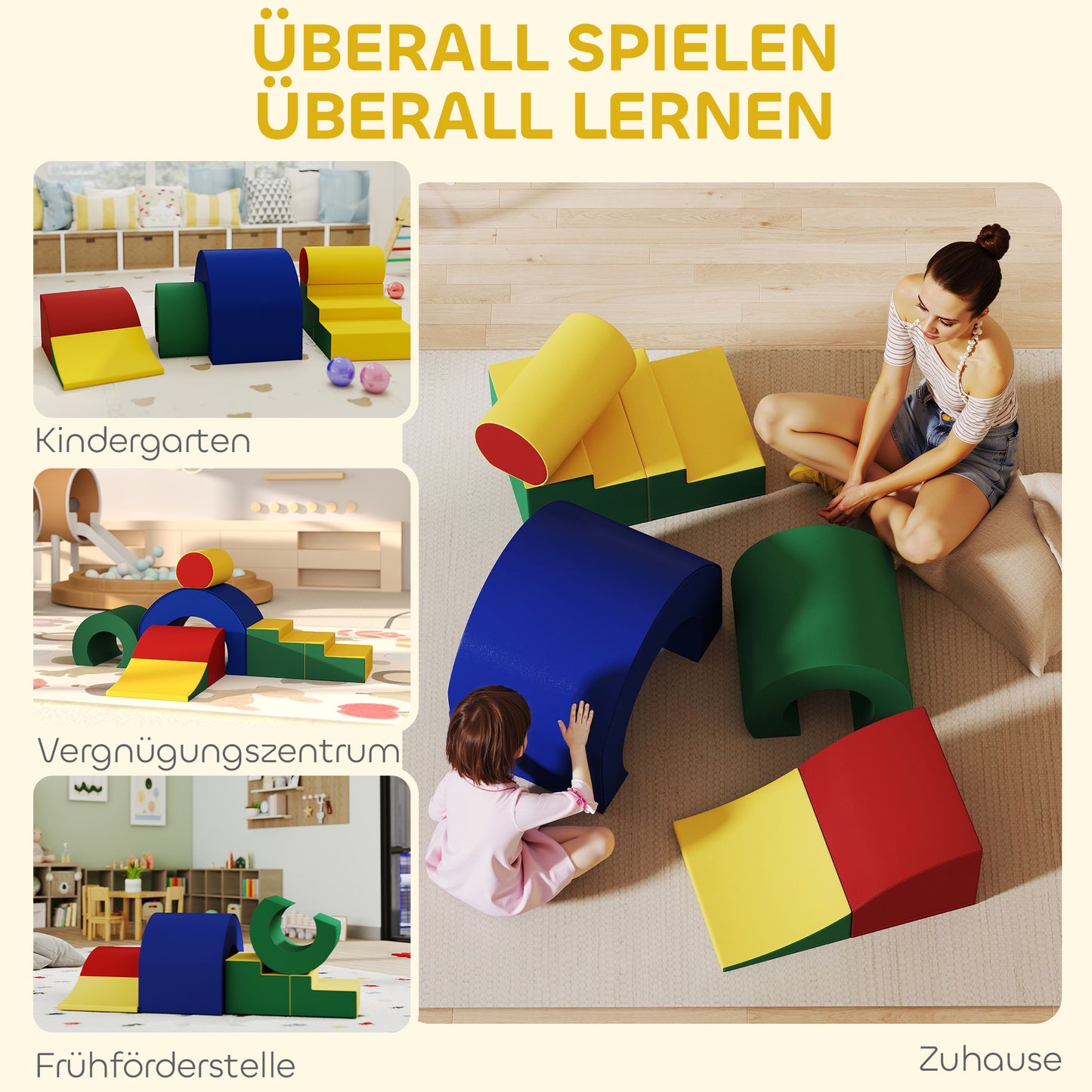 AIYAPLAY 5-teiliges Softbaustein-Set für Babys & Kleinkinder, Schaumstoff, Kunstleder, 5 kreative Formen, Indoor-Set zum Klettern, Krabbeln, Spielen, Bunt