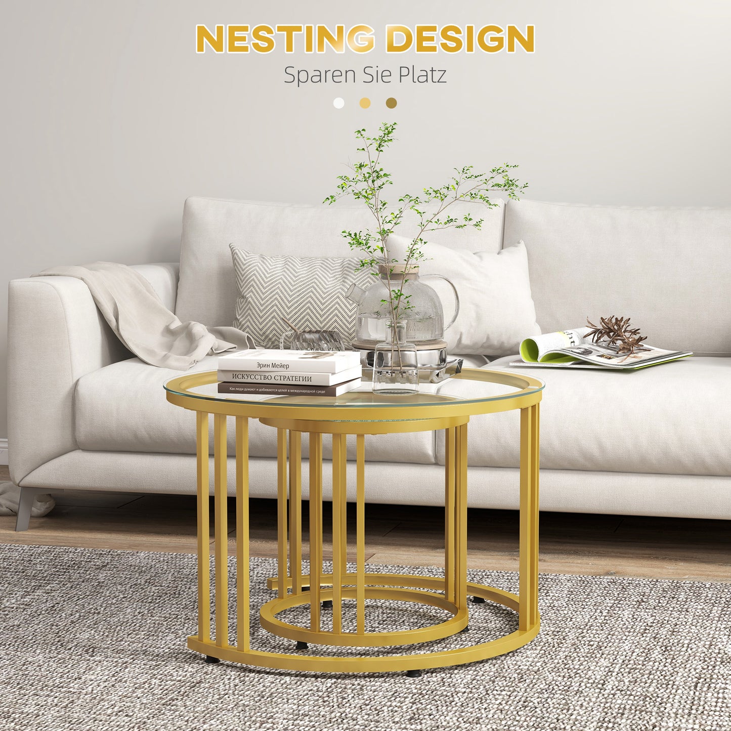 HOMCOM Beistelltisch-Set, 2 Satztische, Karbonstahl, Glasplatte, Ø60x47/Ø40x42 cm, Gold