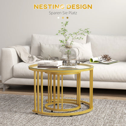 HOMCOM Beistelltisch-Set, 2 Satztische, Karbonstahl, Glasplatte, Ø60x47/Ø40x42 cm, Gold