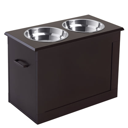 PawHut Futterstation, 2 Fressnäpfe aus Edelstahl, versteckter Stauraum, 60 cm x 30 cm x 41 cm, Schwarz + Silber