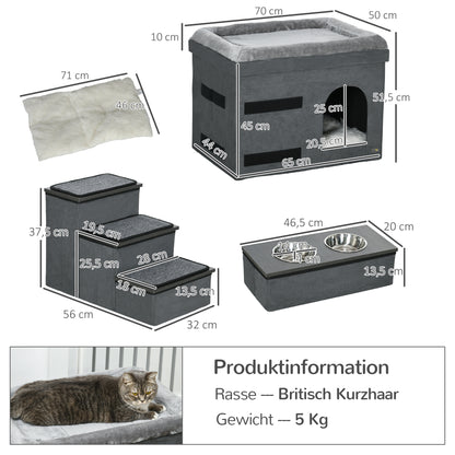 PawHut Katzenhaus Katzenhütte Katzenhöhle, 3 Haustiertreppen, 2 Fressnäpfe, 70 x 50 x 51, cm, Grau