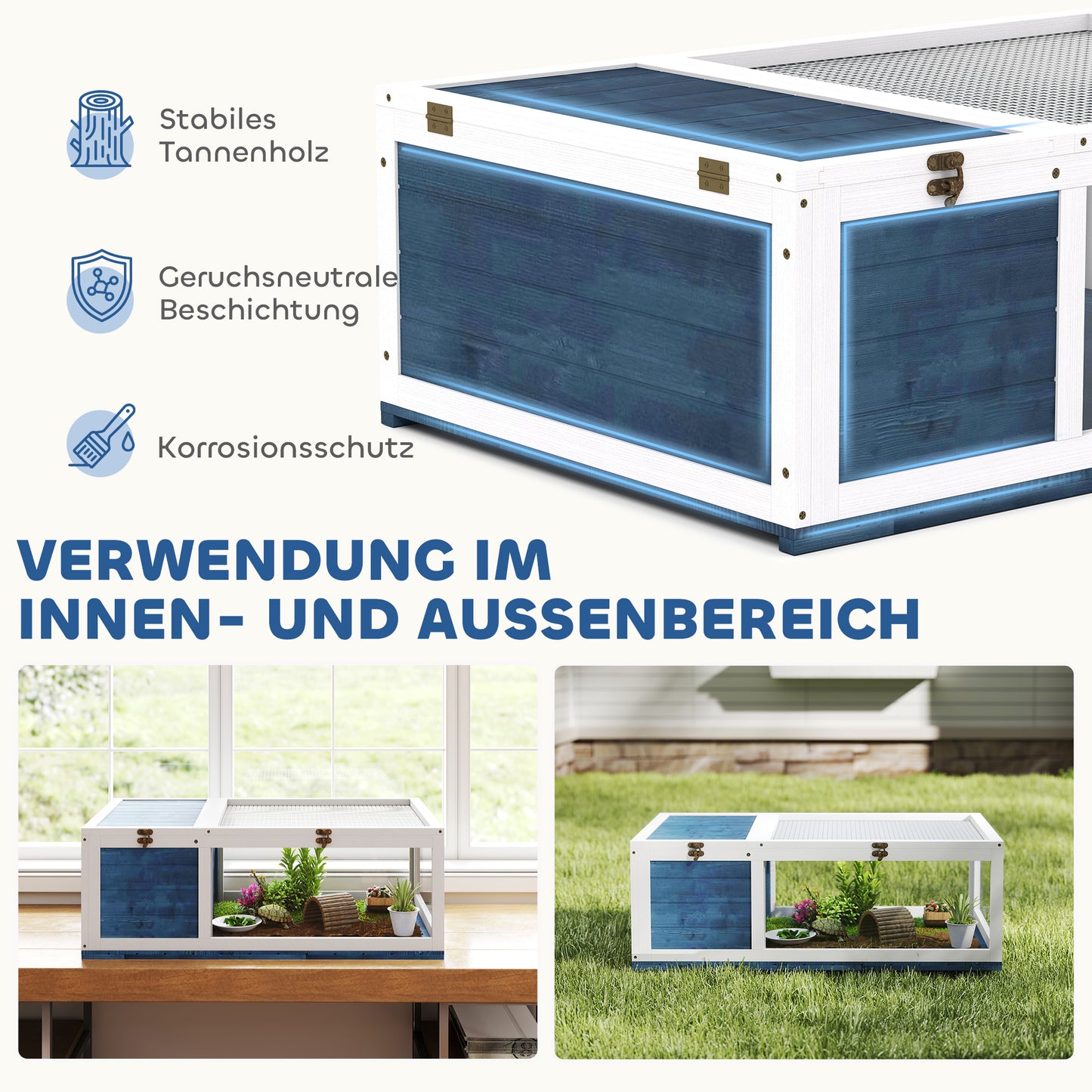 PawHut Schildkrötenhaus aus Holz Schildkrötengehege mit Haupthäusern aufklappbarem Oberseite 91x60,5x32 سم، أزرق