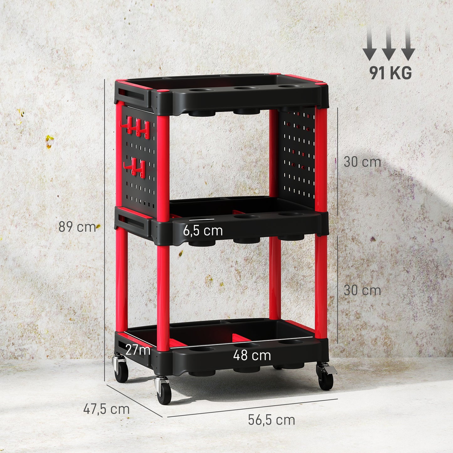 HOMCOM Werkzeugwagen, dreistufige Regale, 4 Räder, Kunststoff, 10 Haken, Rot